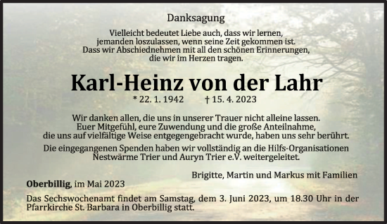 Traueranzeige von Karl-Heinz von der Lahr von trierischer_volksfreund