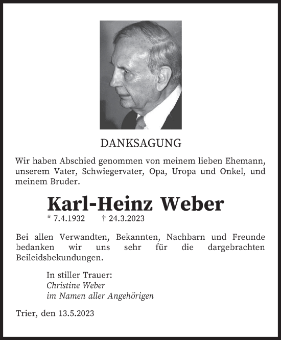 Traueranzeige von Karl-Heinz Weber von trierischer_volksfreund