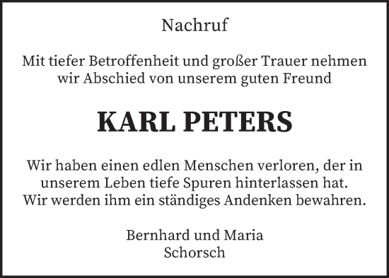 Traueranzeige von Karl Peters von trierischer_volksfreund