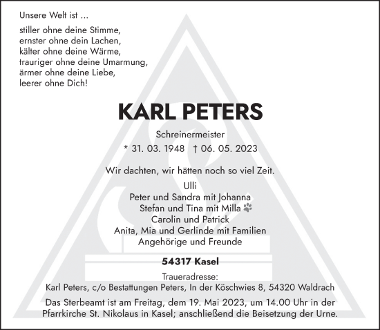 Traueranzeige von Karl Peters von trierischer_volksfreund