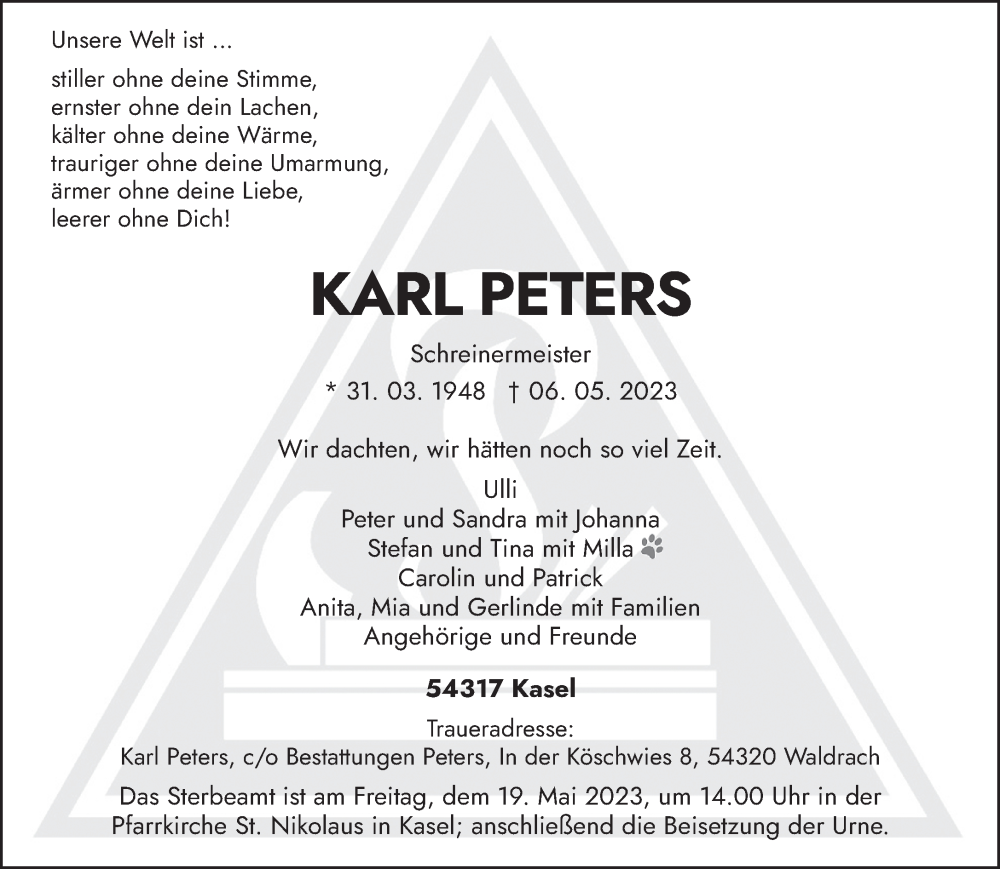  Traueranzeige für Karl Peters vom 13.05.2023 aus trierischer_volksfreund