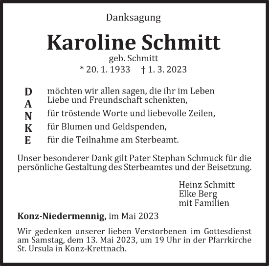 Traueranzeige von Karoline Schmitt von trierischer_volksfreund