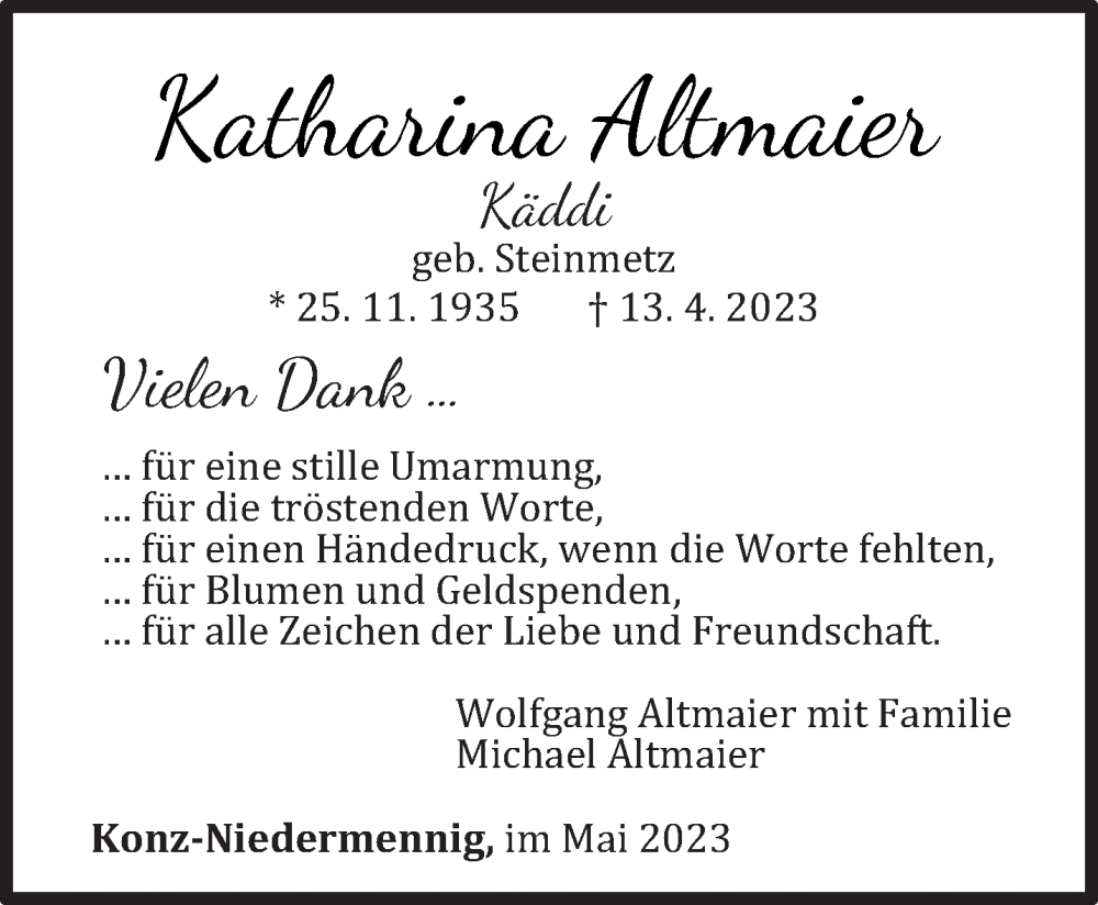  Traueranzeige für Katharina Altmaier vom 20.05.2023 aus trierischer_volksfreund