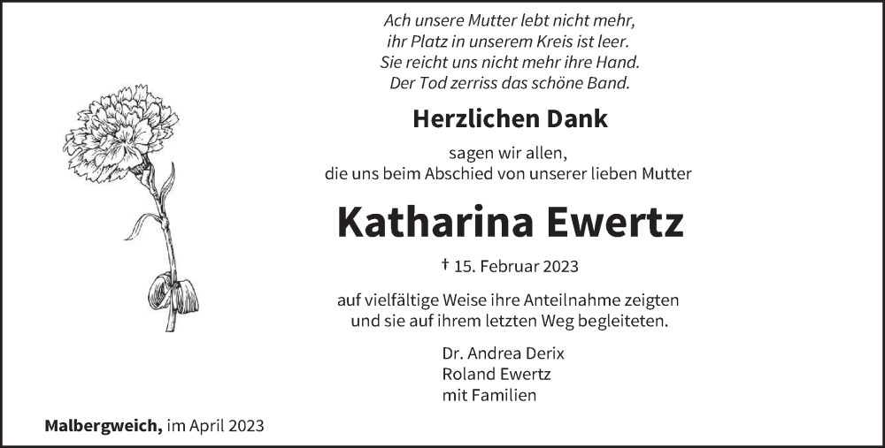  Traueranzeige für Katharina Ewertz vom 06.05.2023 aus trierischer_volksfreund