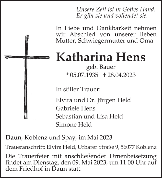 Traueranzeige von Katharina Hens von trierischer_volksfreund