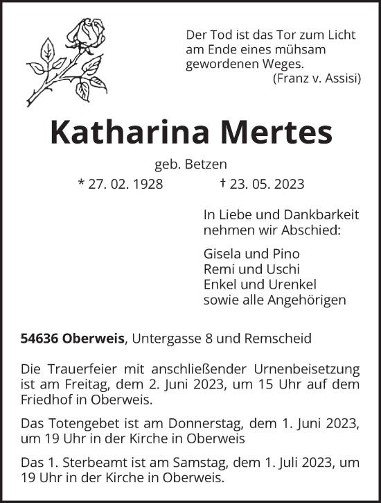 Traueranzeige von Katharina Mertes von trierischer_volksfreund