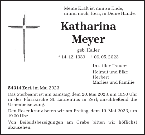 Traueranzeige von Katharina Meyer von trierischer_volksfreund