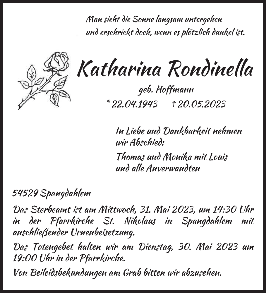  Traueranzeige für Katharina Rondinella vom 26.05.2023 aus trierischer_volksfreund