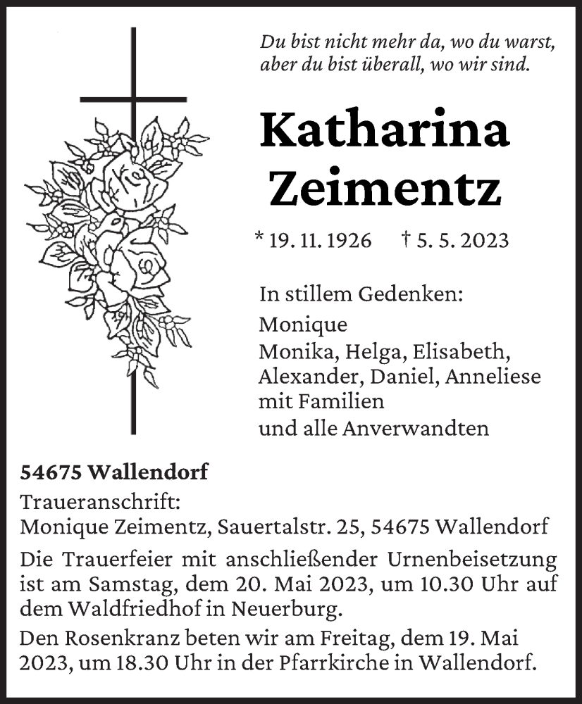  Traueranzeige für Katharina Zeimentz vom 17.05.2023 aus trierischer_volksfreund