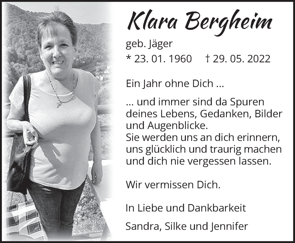  Traueranzeige für Klara Bergheim vom 27.05.2023 aus trierischer_volksfreund