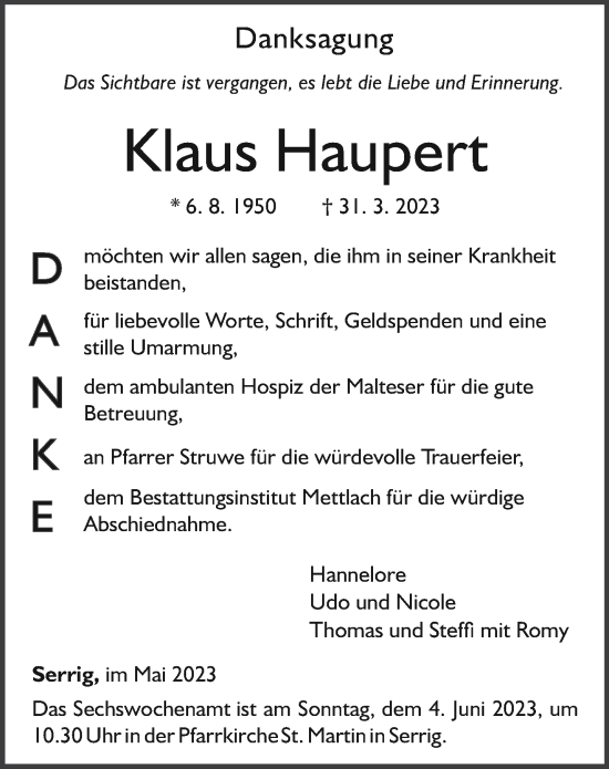 Traueranzeige von Klaus Haupert von trierischer_volksfreund