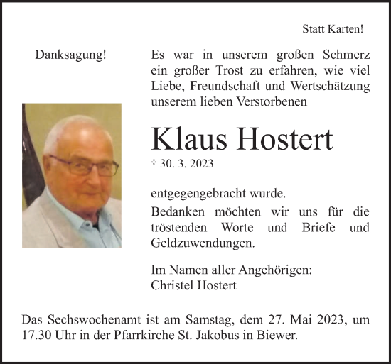 Traueranzeige von Klaus Hostert von trierischer_volksfreund