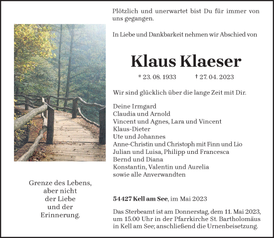 Traueranzeige von Klaus Klaeser von trierischer_volksfreund