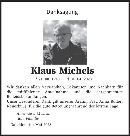 Traueranzeige von Klaus Michels von trierischer_volksfreund
