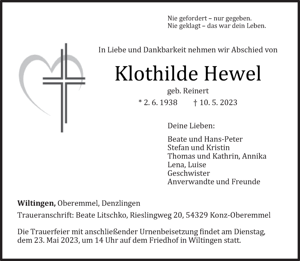  Traueranzeige für Klothilde Hewel vom 17.05.2023 aus trierischer_volksfreund