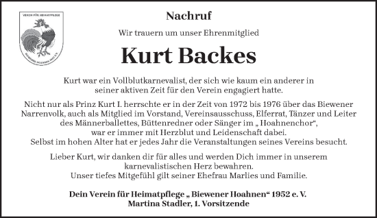 Traueranzeige von Kurt Backes von trierischer_volksfreund