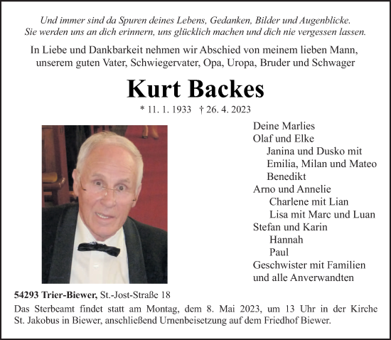 Traueranzeige von Kurt Backes von trierischer_volksfreund