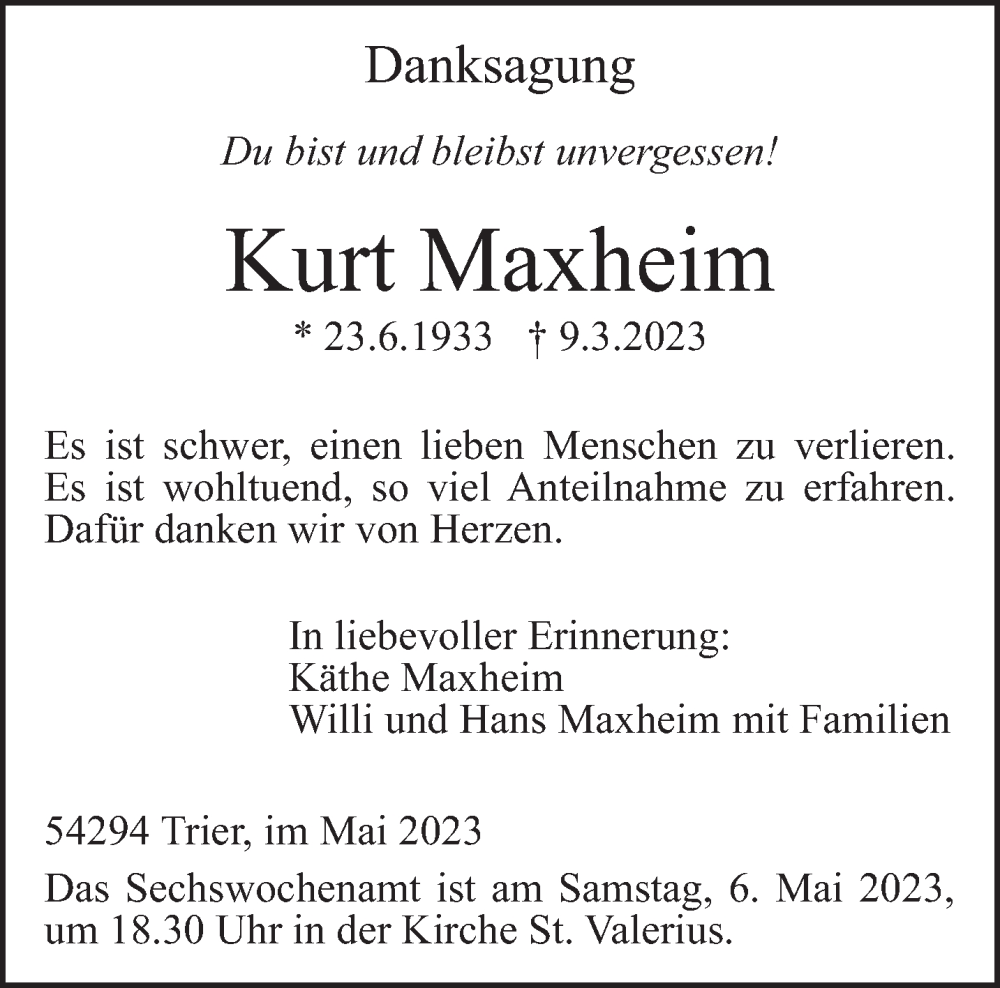  Traueranzeige für Kurt Maxheim vom 03.05.2023 aus trierischer_volksfreund
