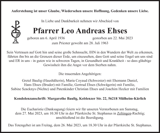 Traueranzeige von Leo Andreas Ehses von trierischer_volksfreund