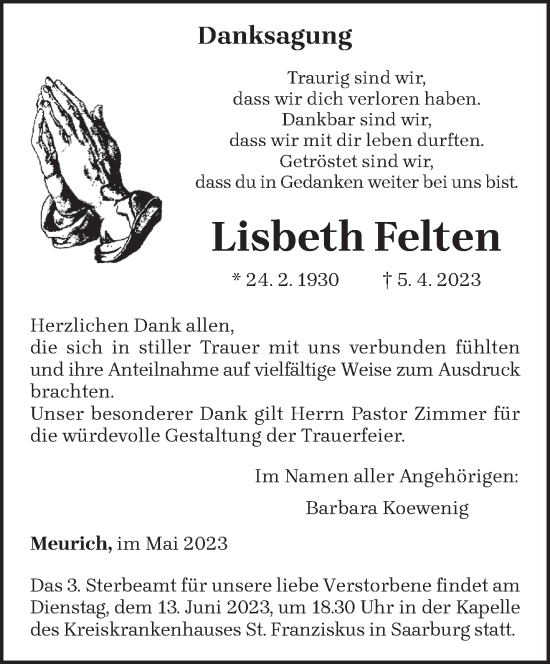 Traueranzeige von Lisbeth Felten von trierischer_volksfreund