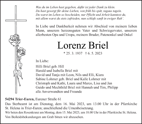 Traueranzeige von Lorenz Briel von trierischer_volksfreund