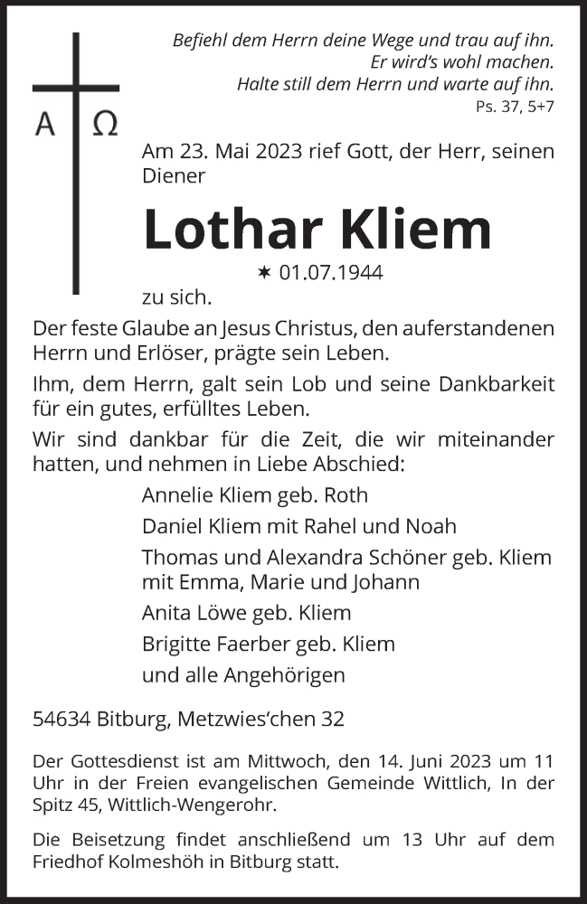  Traueranzeige für Lothar Kliem vom 27.05.2023 aus trierischer_volksfreund