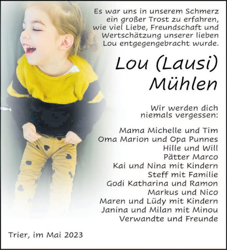  Traueranzeige für Lou Mühlen vom 10.05.2023 aus trierischer_volksfreund