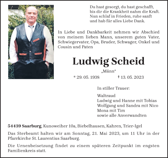 Traueranzeige von Ludwig Scheid von trierischer_volksfreund