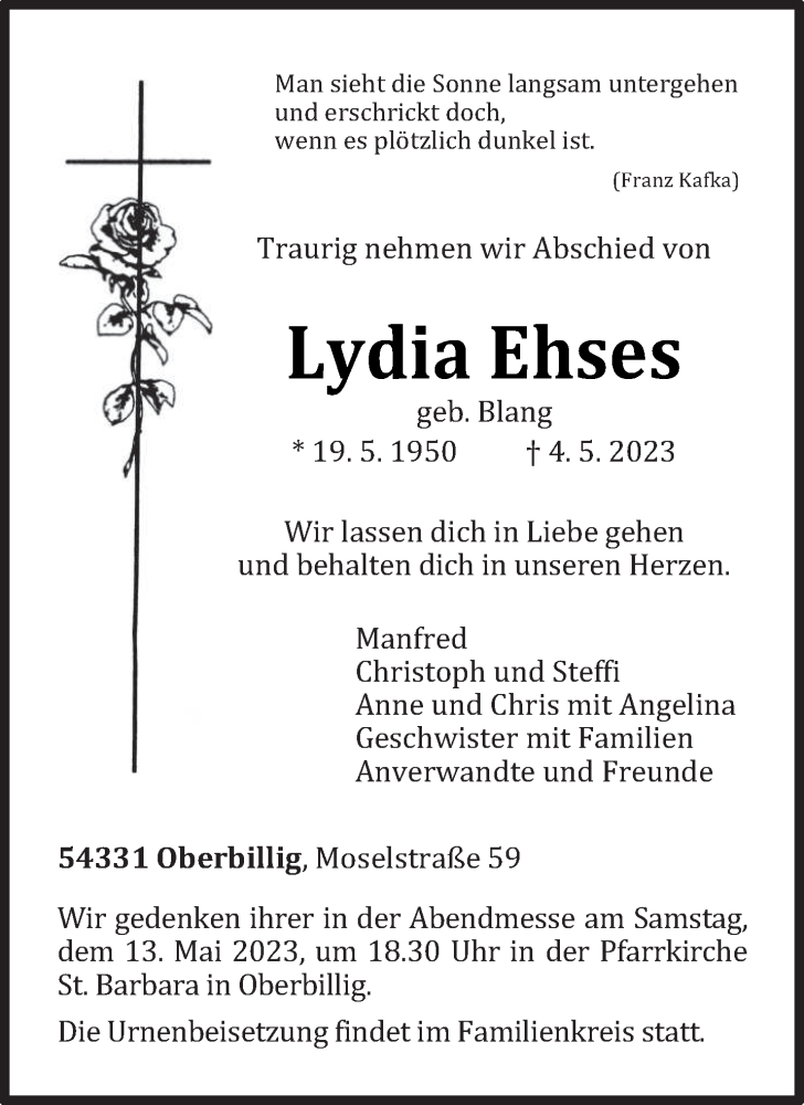  Traueranzeige für Lydia Ehses vom 10.05.2023 aus trierischer_volksfreund