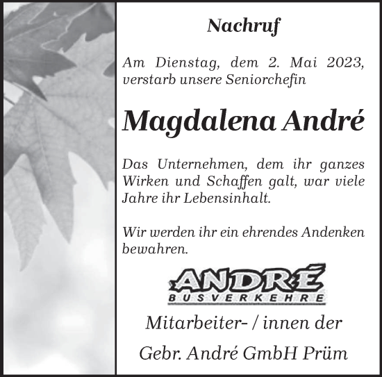 Traueranzeige von Magdalena Andre von trierischer_volksfreund