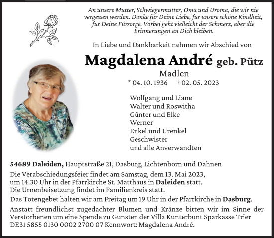 Traueranzeige von Magdalena Andre von trierischer_volksfreund
