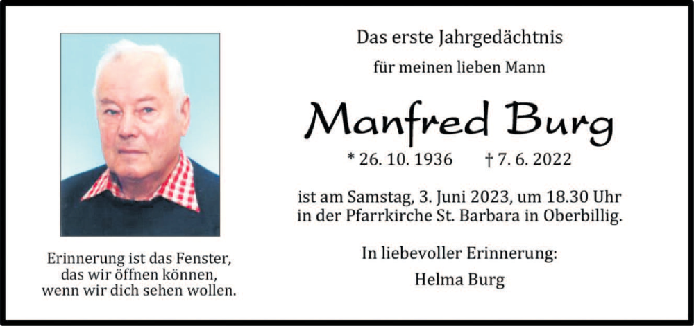  Traueranzeige für Manfred Burg vom 26.05.2023 aus trierischer_volksfreund