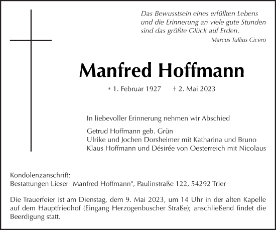 Traueranzeige von Manfred Hoffmann von trierischer_volksfreund