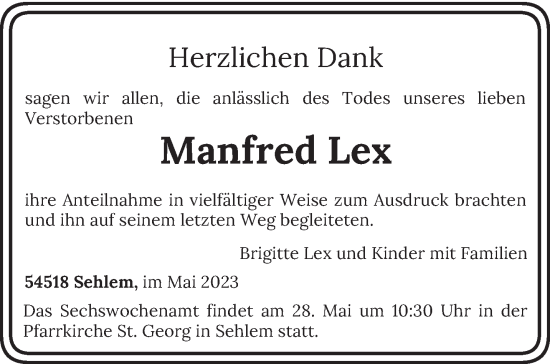 Traueranzeige von Manfred Lex von trierischer_volksfreund