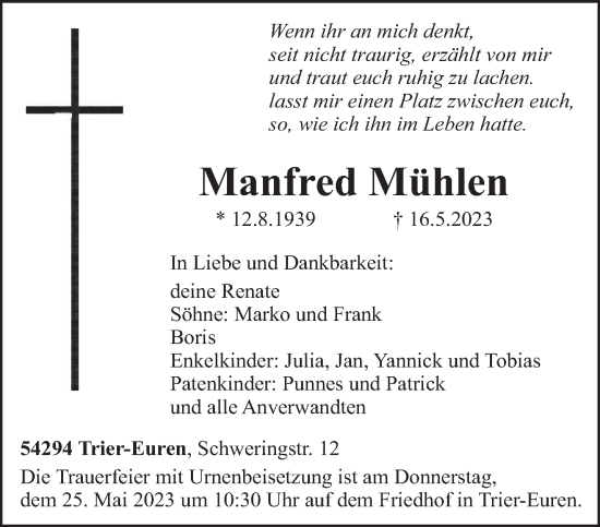 Traueranzeige von Manfred Mühlen von trierischer_volksfreund
