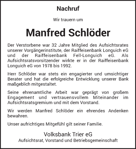 Traueranzeige von Manfred Schlöder von trierischer_volksfreund