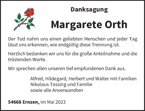 Traueranzeige von Margarete Orth von trierischer_volksfreund