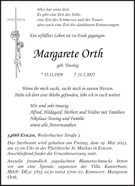 Traueranzeige von Margarete Orth von trierischer_volksfreund