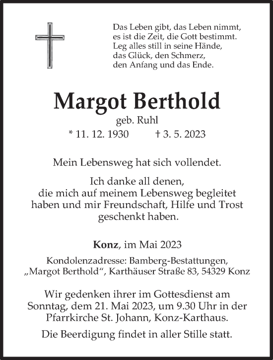 Traueranzeige von Margot Berthold von trierischer_volksfreund