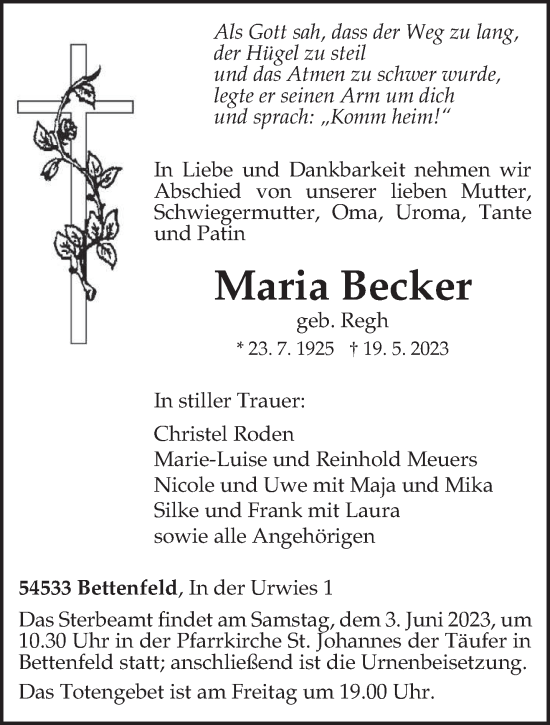 Traueranzeige von Maria Becker von trierischer_volksfreund