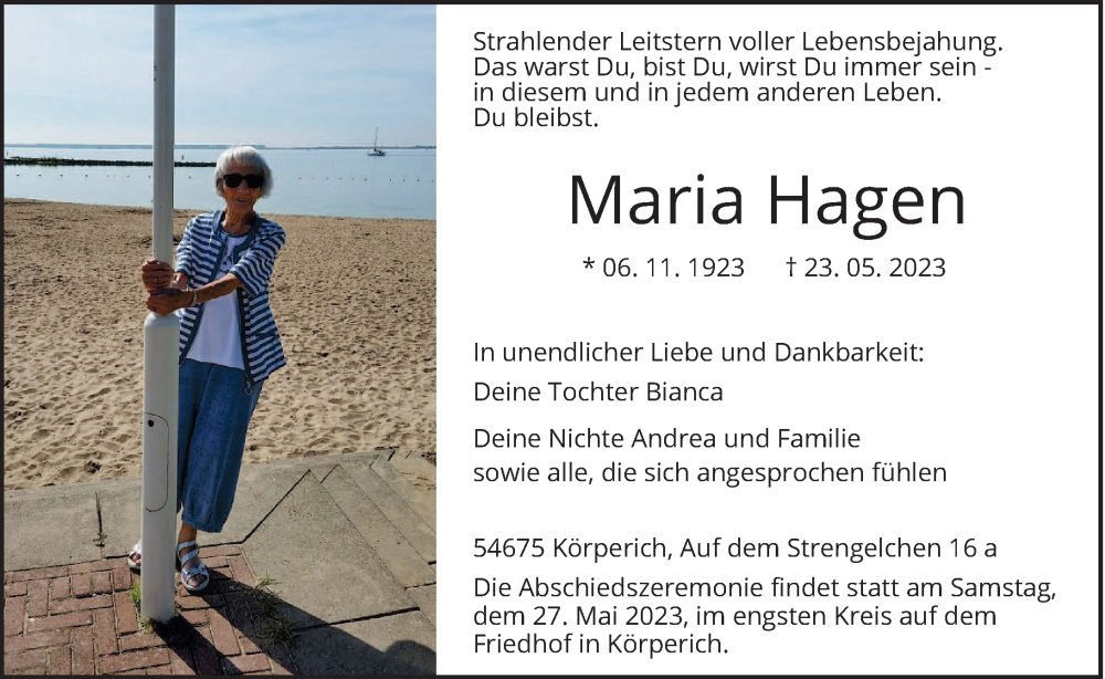  Traueranzeige für Maria Hagen vom 27.05.2023 aus trierischer_volksfreund