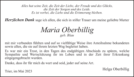 Traueranzeige von Maria Oberbillig von trierischer_volksfreund