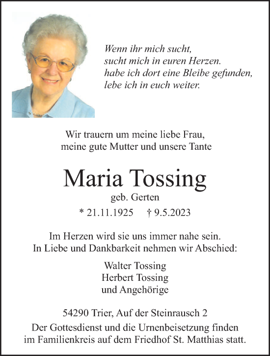 Traueranzeige von Maria Tossing von trierischer_volksfreund