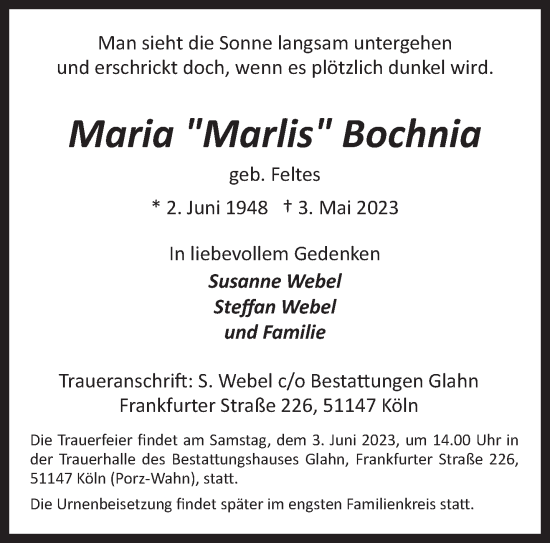 Traueranzeige von Maria Marlis Bochnia von trierischer_volksfreund