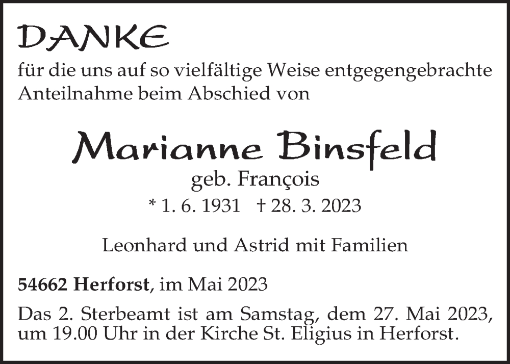  Traueranzeige für Marianne Binsfeld vom 20.05.2023 aus trierischer_volksfreund