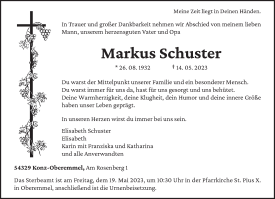 Traueranzeige von Markus Schuster von trierischer_volksfreund