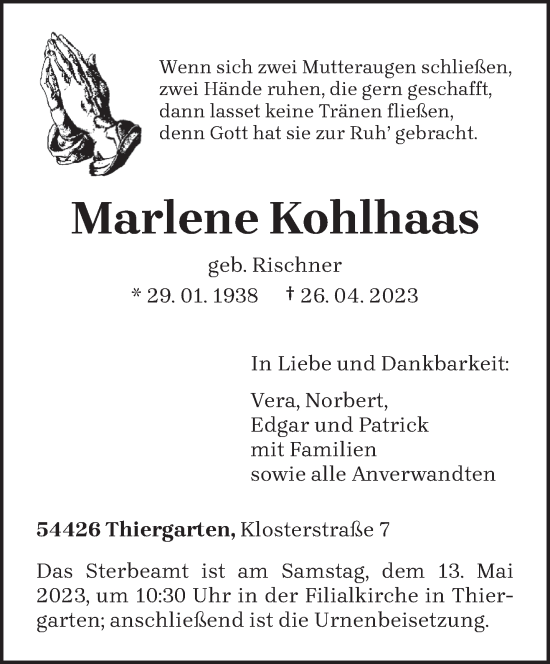 Traueranzeige von Marlene Kohlhaas von trierischer_volksfreund