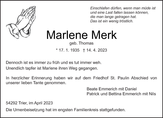 Traueranzeige von Marlene Merk von trierischer_volksfreund