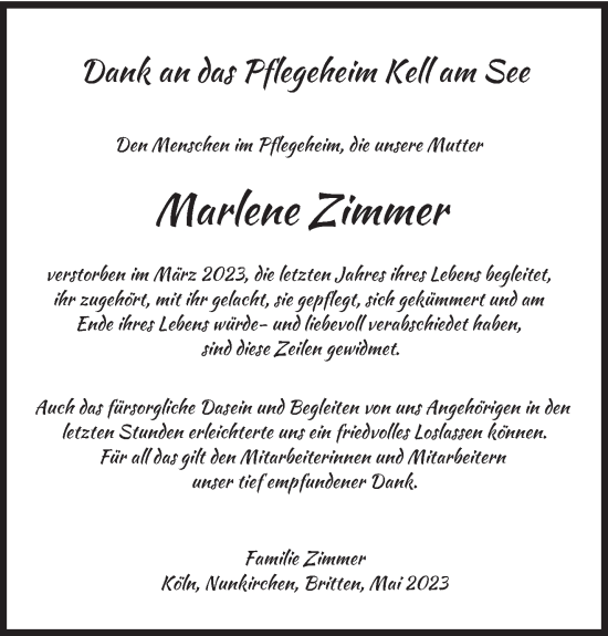 Traueranzeige von Marlene Zimmer von trierischer_volksfreund