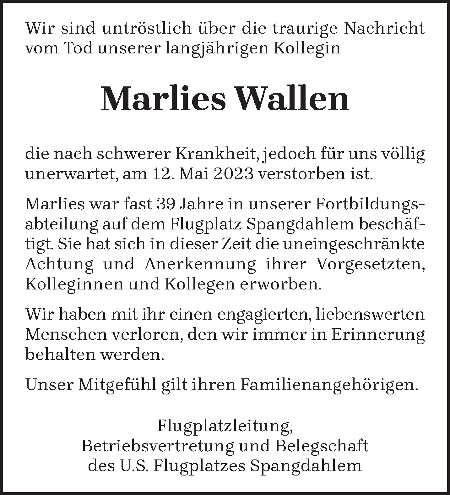  Traueranzeige für Marlies Wallen vom 27.05.2023 aus trierischer_volksfreund